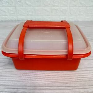 VTG Tupperware Pak N Carry Lunch Box with Carrying Handle Red White Rectangular